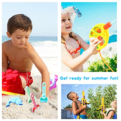 Zooawa Beach Sand Toy Set for Kids, Beach Bucket Sand Models Play Kits Summer Playing Molds Pail Sets Include Red Bucket, Rake, Shovels, Watering Can, Sand Models, Colorful