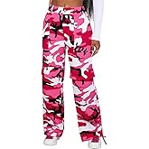 Fablinic Women Black Camo Straight Leg Mid Elastic Waisted Relaxed Fit Cargo Pants for Dance Streetwear