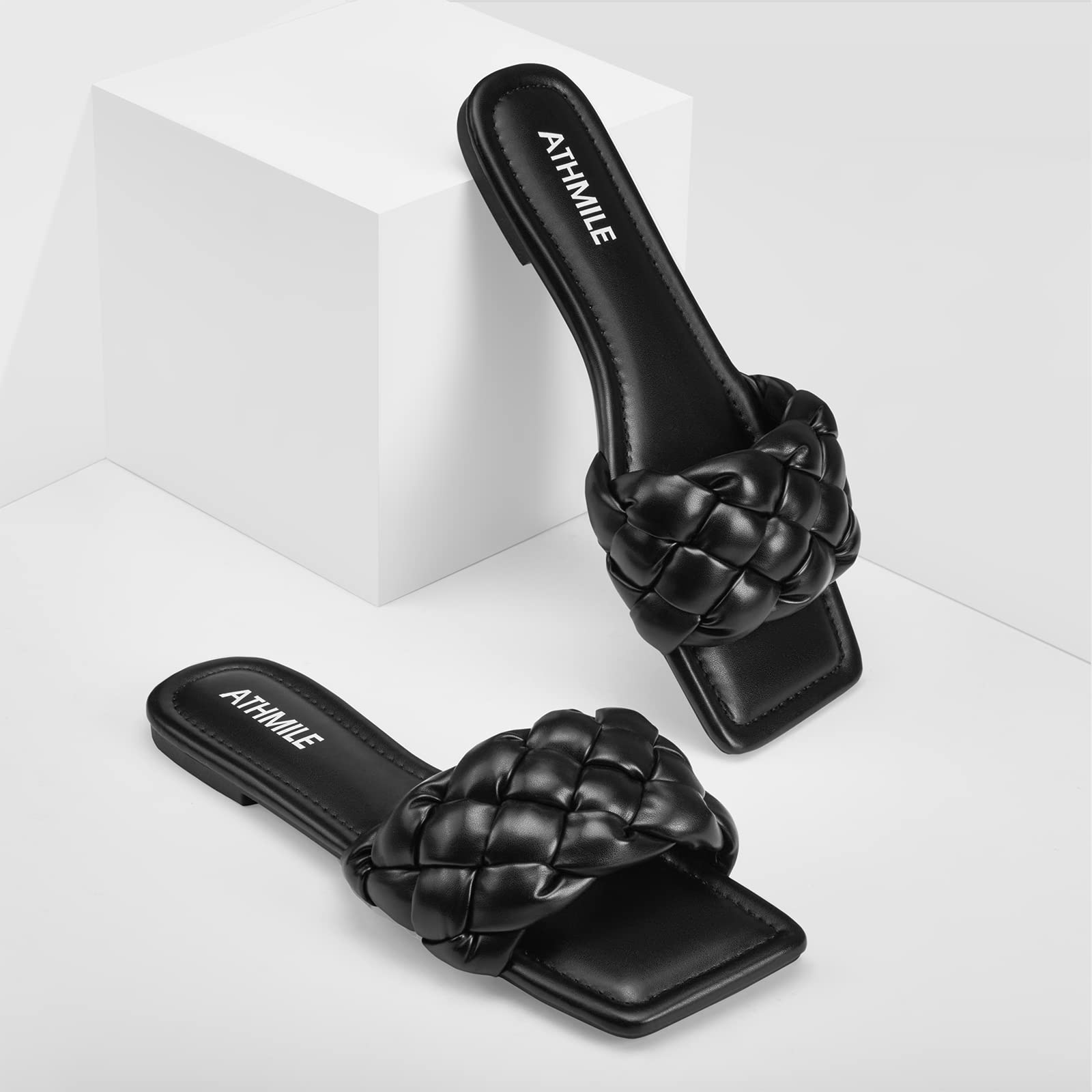 ATHMILE Braided Womens Sandals Square Open Toe Fashion Slide Sandals Women Dressy Summer Flat Beach 2025 Size 6-11