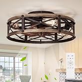 SHLUCE Caged Ceiling Fan with Light and Remote, Farmhouse Fandelier | 19" Flush Mount Small Rustic Low Profile Bladeless Design, Quiet Operation, ETL Listed, for Kitchen &amp; Bedroom Indoor Use