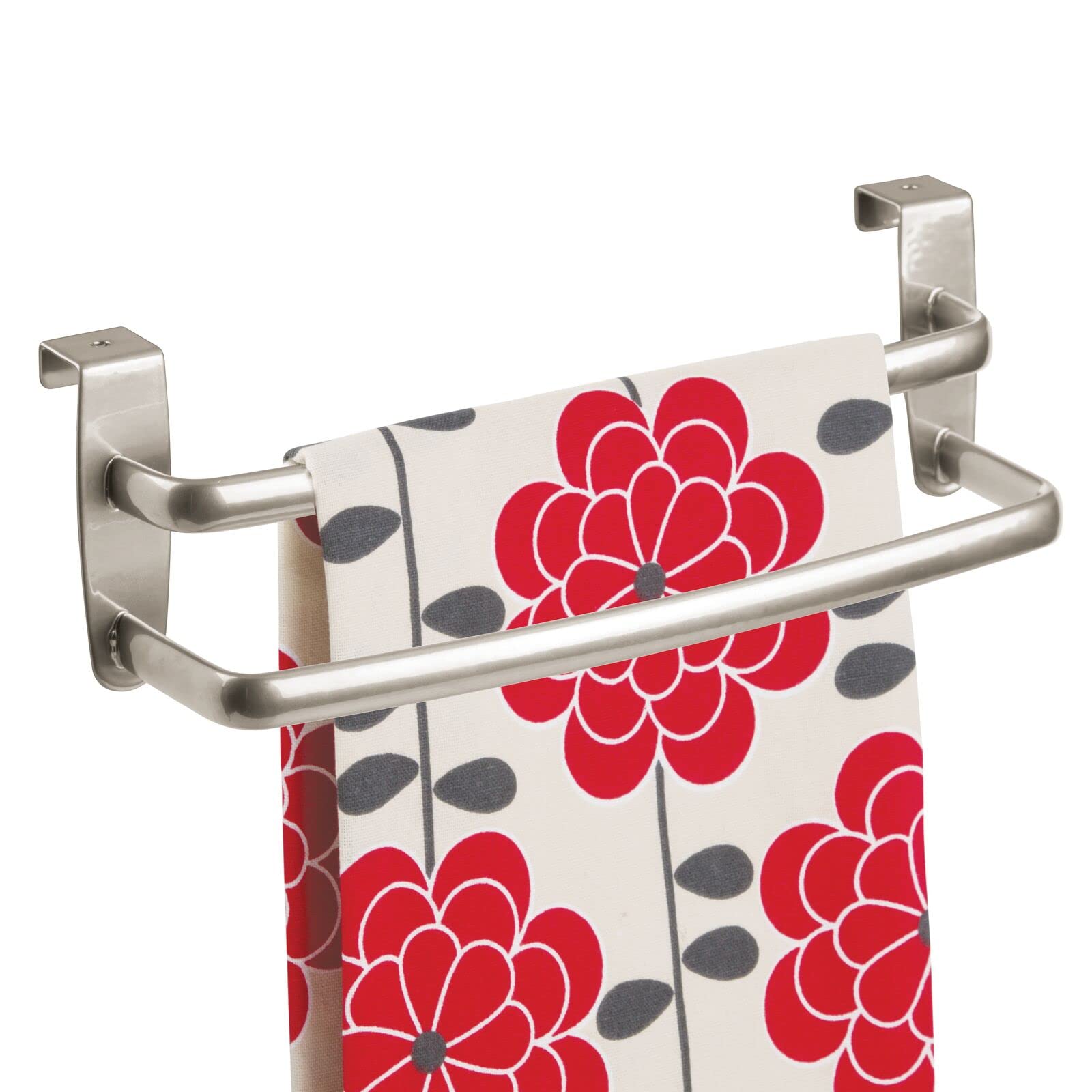 mDesign Tea Towel Holder – Over Door Towel Rail with No Drilling Required – Kitchen Towel Holder – Ideal for Kitchens & Bathrooms - Brushed Nickel