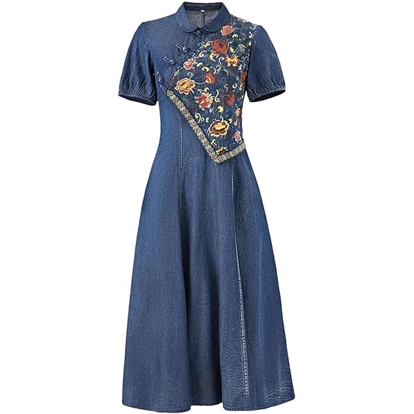 denim dress size embroidered Moons & Stars Embroidered Denim Dress With Pockets