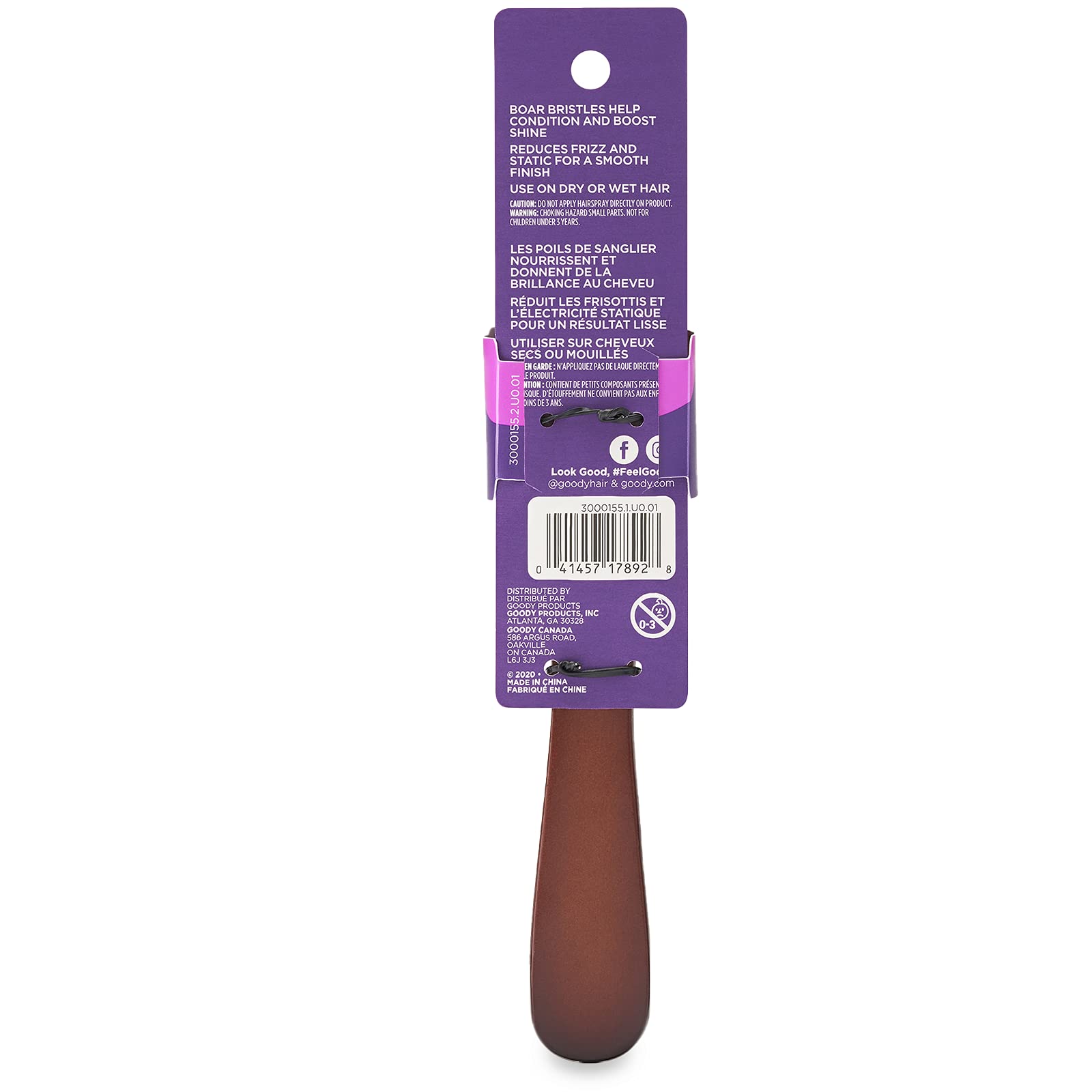 Goody Smooth and Sleek Wood Styling Brush with Natural Boar Bristles, Flyaway Free Finish, For All Hair Types, Brown, 1CT