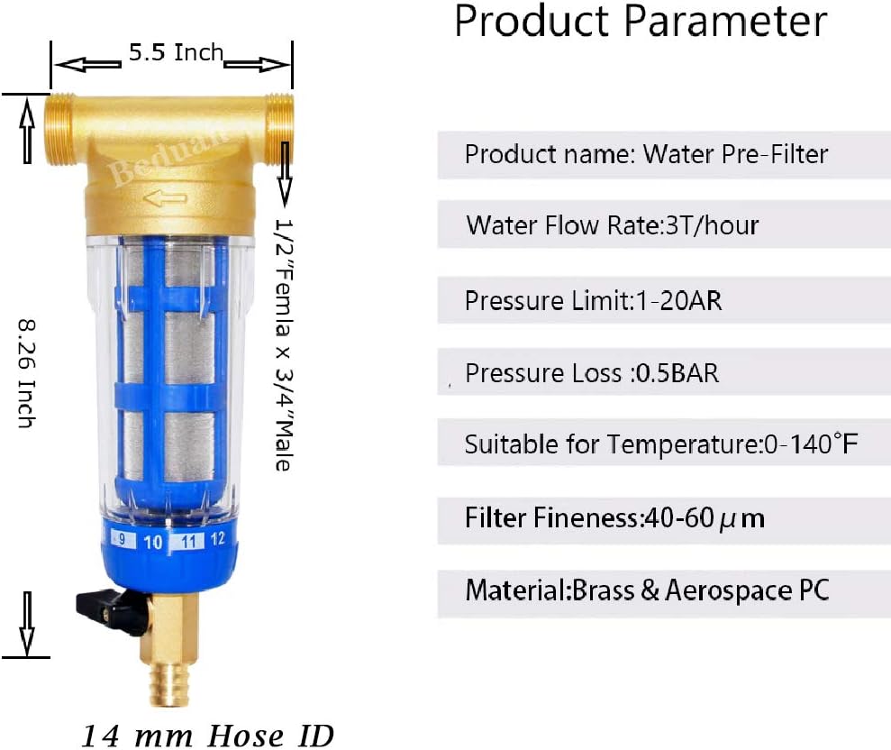 Beduan Water Pre-Filter Sediment Filter 40 Micron, 3/4" MNPT, 1/2" FNPT, Whole House Reusable Spin Down Sediment Filter System: Home Improvement