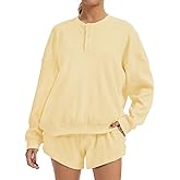 AnotherChill Women's Oversized Waffle Knit Lounge Set Long Sleeve Sweatshirt and High Waisted Shorts 2 Piece Casual Outfit