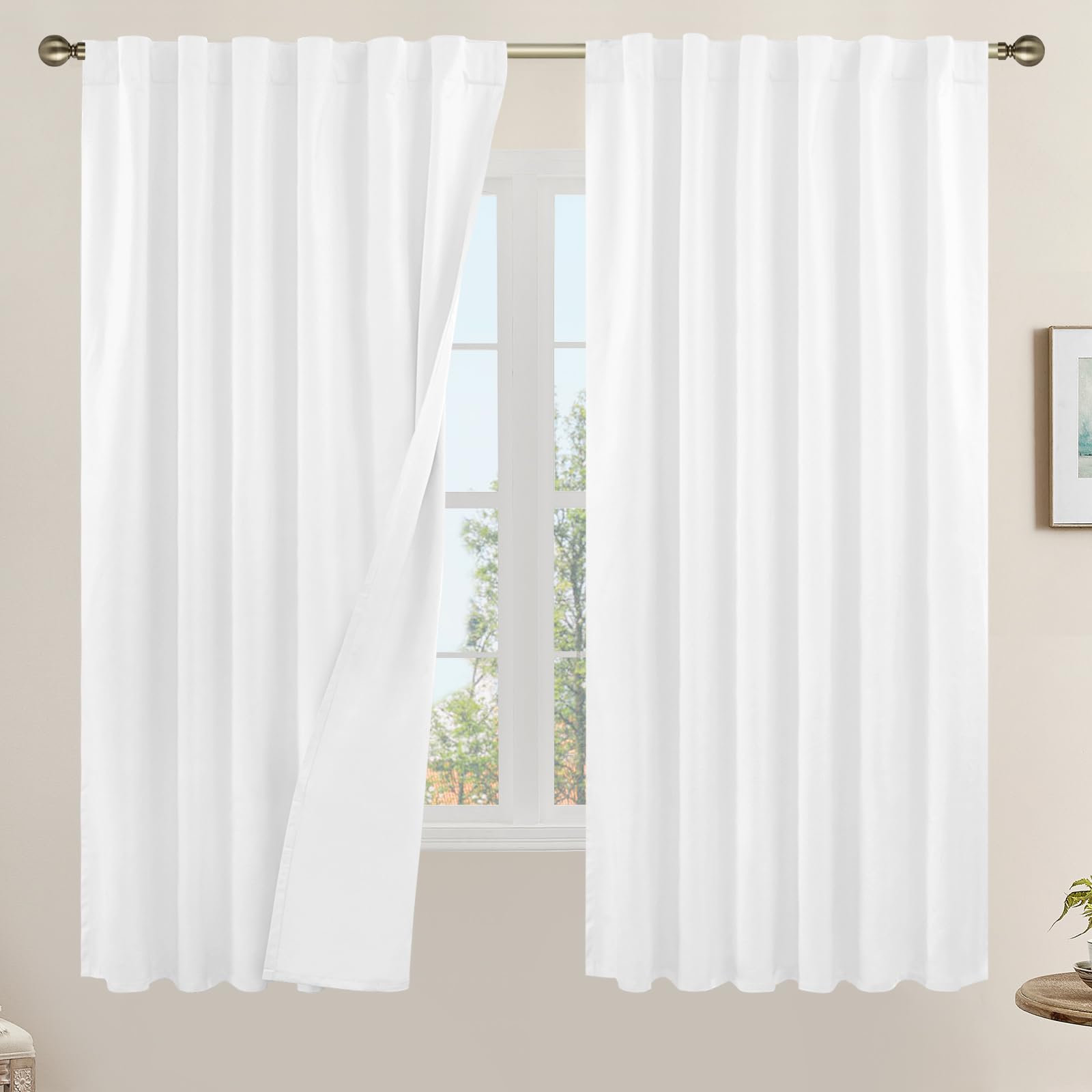 Photo 1 of LAMIT 100% White Blackout Curtains for Bedroom, 63 Inches Linen Textured Thermal Curtains Back Tab and Rod Pocket Burlap Panels with White Liner for Farmhouse/Living Room, 2 Panels, 52 x 63 Inch