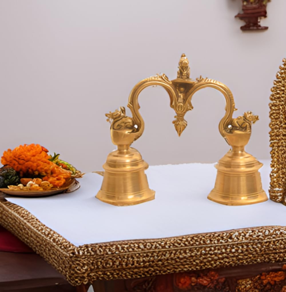 Purpledip Rare Collection Brass Handheld Double Bell Ghanti With 3 Nandi Statuettes For Home Temple (10919)