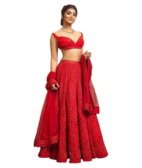 Womens Georgette Heavy Embroidered Lehenga Choli (YF-87, Red, Free Size)