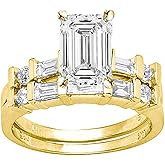 14K White Gold 1.5 Carat LAB GROWN DIAMOND Channel Set Baguette And Round Emerald Cut Diamond Engagement Ring Bridal Wedding Set (G-H Color VS1-VS2 Clarity 0.75 Ct Center)