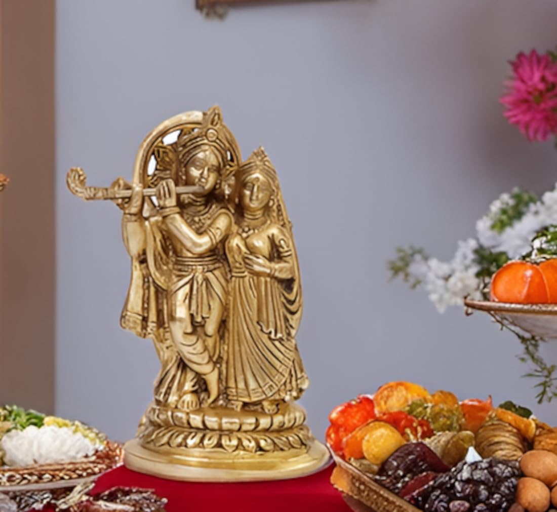 Purpledip Radha-Krishna Statue Sculpted in Solid Brass Metal for Home Temple, Office Table or Shop Puja Shelf | Hindu Religious Gift (10374)