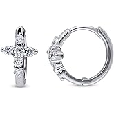 BERRICLE Sterling Silver Cross Mini Hoop Huggie Earrings for Women, Cubic Zirconia CZ 0.5 inch