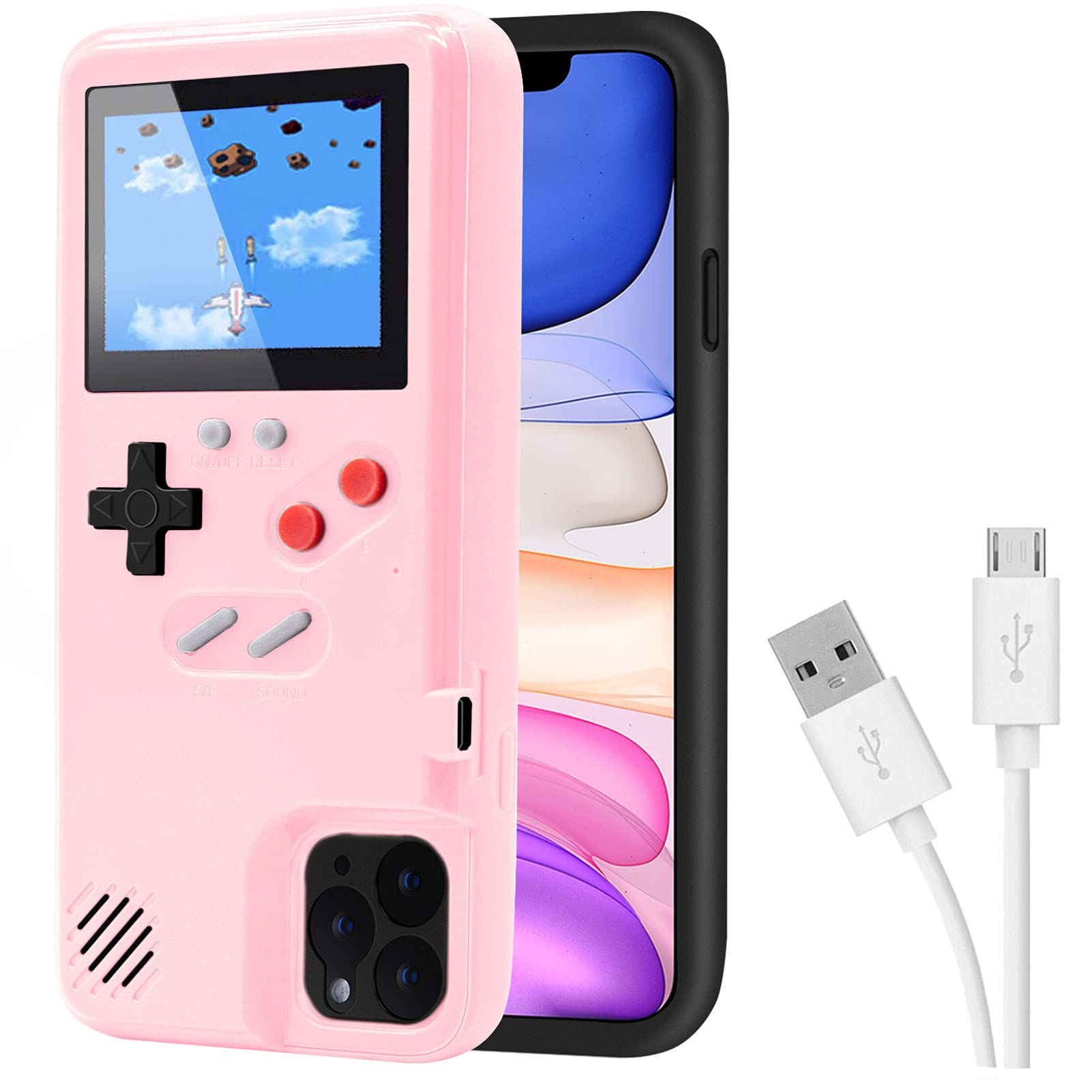 DIKKAR Game Case for iPhone, Retro Protective Case with Own Power Supply, 36 Small Games, Colour Display, Video Game Case for iPhone 11 Pro (Pink)