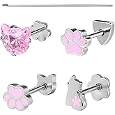 AOEDEJ 18G Reversible Flat Back Earrings for Cartilage Cute Cat Stud Hypoallergenic Surgical Steel Studs Helix Tragus Conch Piercing Jewelry Extended Internally Threaded Flatback Earring