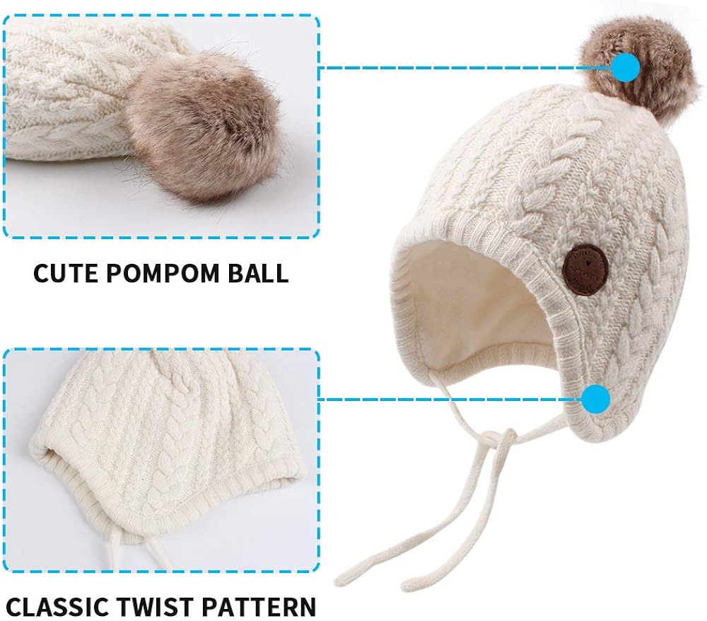 XIAOHAWANG Winter Baby Boys Hat Velvet Lining Toddler Kids Beanie Earflap Warm Baby Hats for Girls with Pompom (White, L) - Image 4