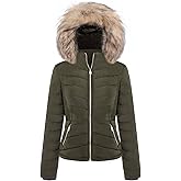 BodiLove Women's Everyday Warm Winter Quilted Puffer Short Coat High Collar Jacket with Removable Faux Fur Hood Zipper Vegan Leather Piping Water Resistant Wind Blocker Olive M
