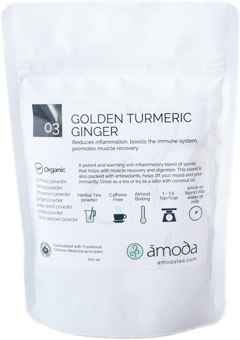 ORGANIC TURMERIC GINGER TEA + GOLDEN MILK + SMOOTHIE MIX by Amoda - Turmeric latte, Turmeric Powder, Ginger, Fennel, Anise, Cinnamon, Raw Vanilla, Black Pepper, Turmeric Tea Powder - 7oz/70 servings