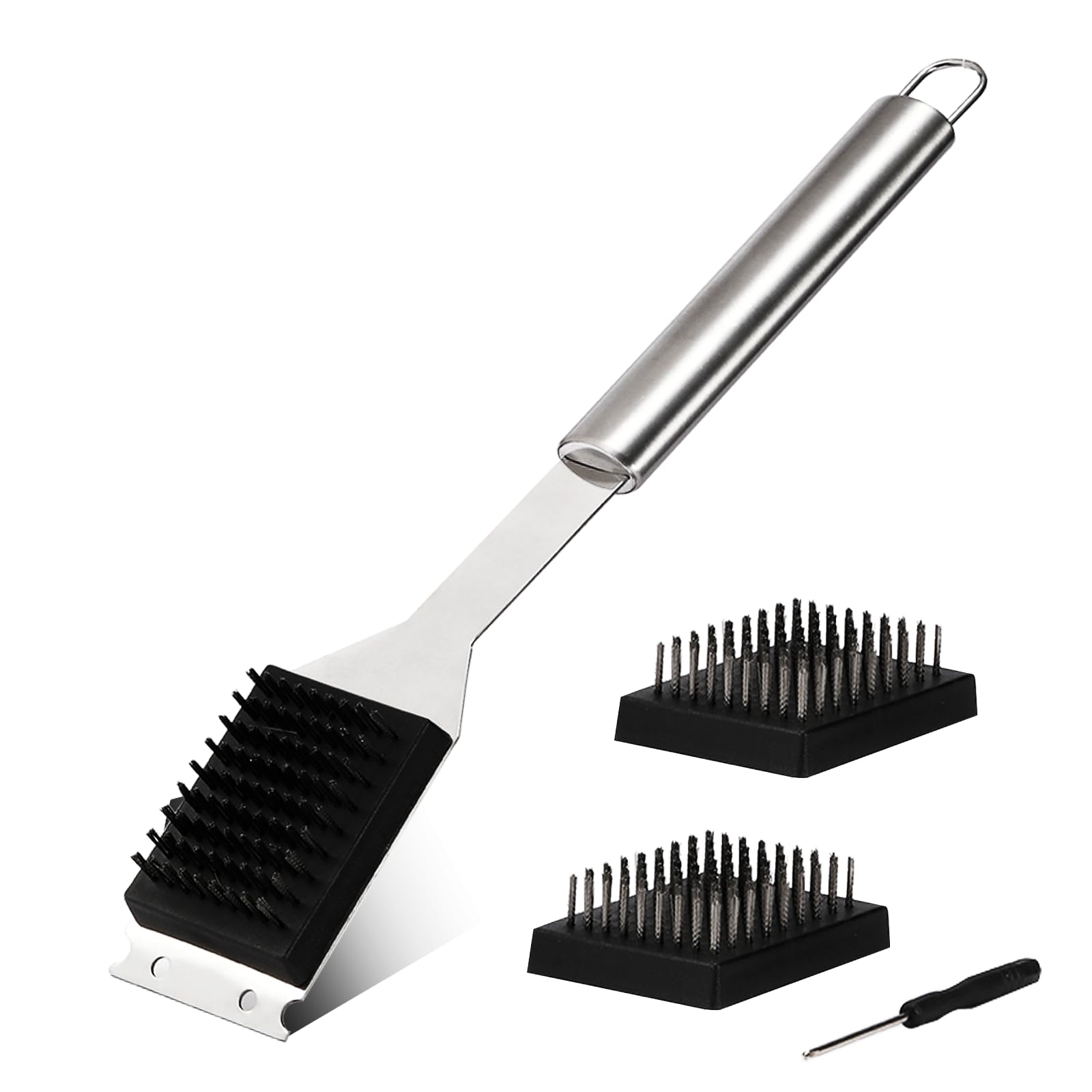 16.5” Grill Brush and Scraper with 2 Brush Replacements & 1 Screwdriver, Wire BBQ Grill for Outdoor, 304 Stainless Steel Cleaning BBQ Accessories