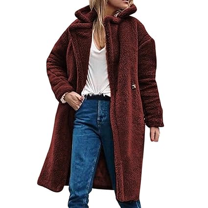 Fleecemantel Damen Mantel Rovinci Elegant Winter Wesentlich Revers Mantel Warm Fleecejacke Lange Langarm Offene Fleece Cardig