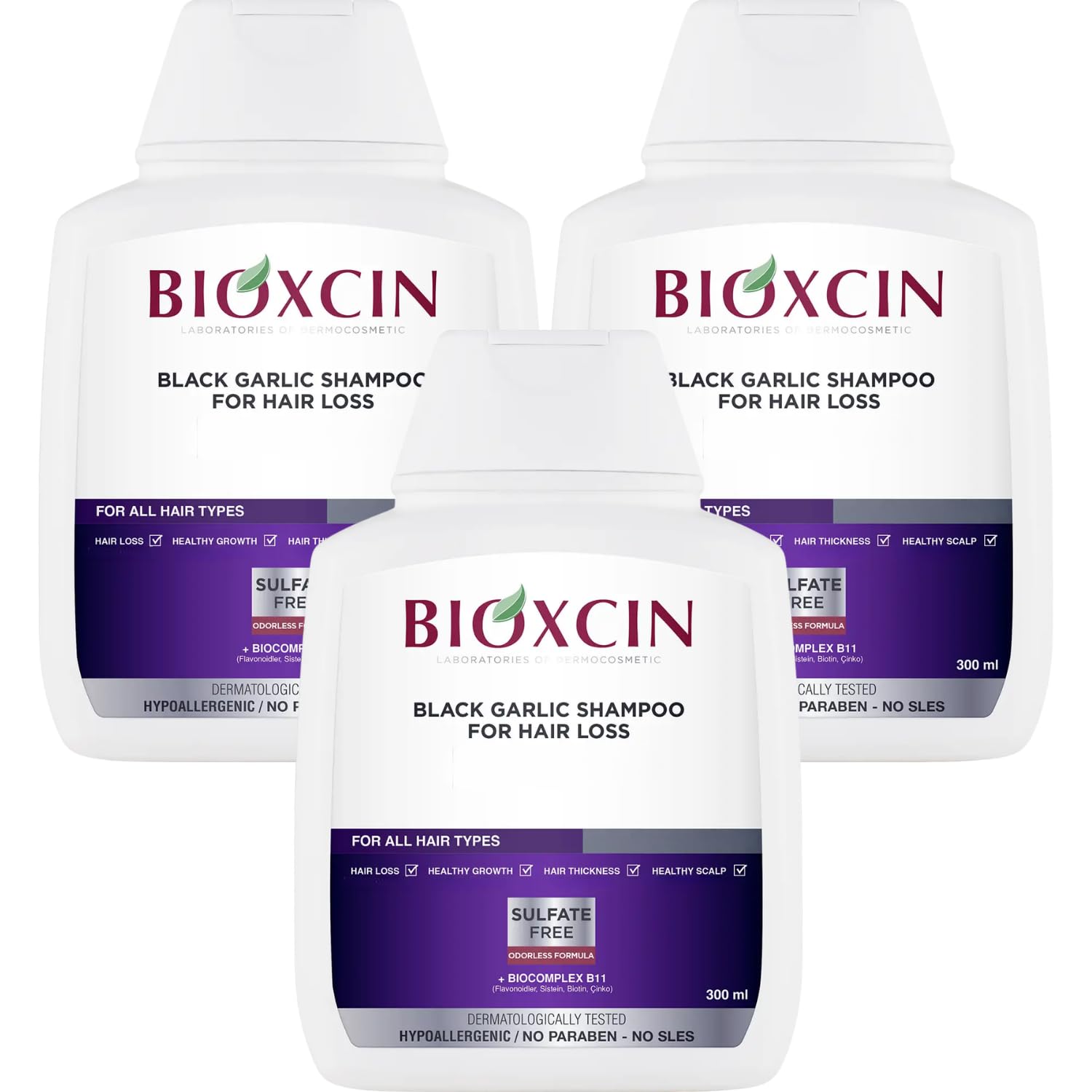 Bioxcin Anti Hair Loss Shampoo with Organic Black Garlic – Odourless Formula, Strengthens & Nourishes Hair, For Women & Men, All Hair Types – 3 x Shampoo