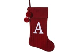 Pxniy Personalized Christmas Stocking 19 Inch - Burgundy Cable Knit with Monogram Embroidery & Pom Poms, Family Fireplace Hanger for Holiday Decor, Burgundy Letter A