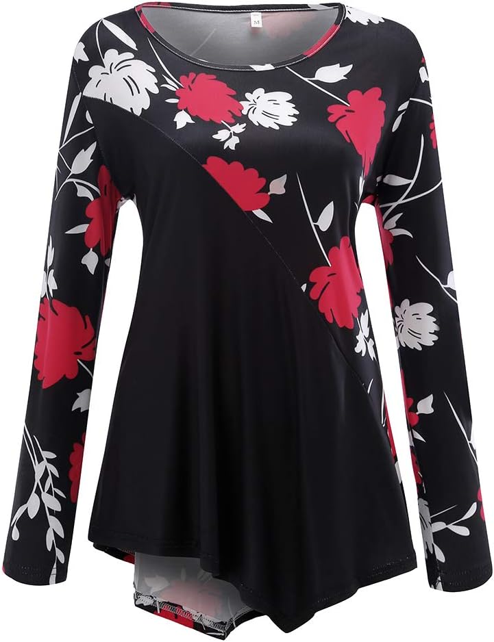 TUDUZ Women's Floral Print Long Sleeve Slim fit O-Neck Tunic Tops