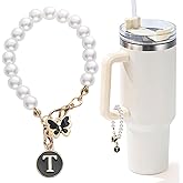 LUHOHI Letter Charm for Stanley Cup,Pearl Chain Accessories Stanley Cup Initial Charms for Handle Stuff Decor Water Bottle Jewelry Tumbler Cute Personalized Name ID Decorations Black Tag (T)