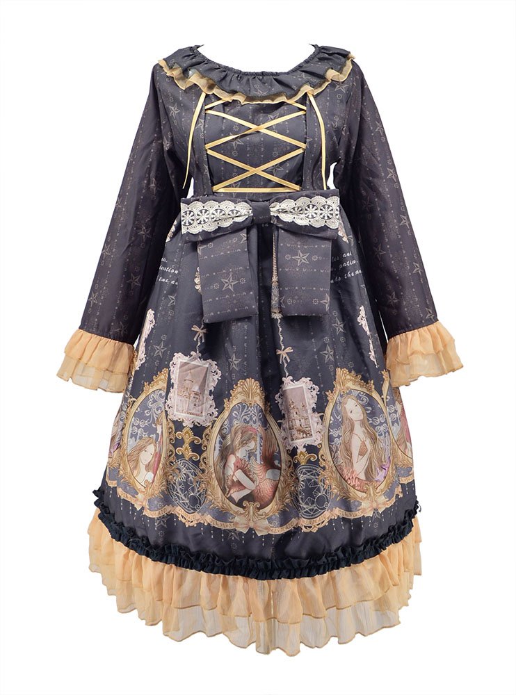 Nite closet Black Lolita Dress Long Sleeve Lace Up Mermaid Story Sweet Chiffon