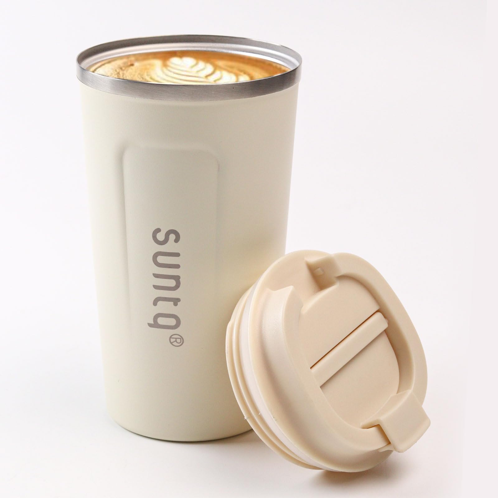 SUNTQ Reusable Coffee Cups Travel - Coffee Travel Mug with Leakproof Lid - Thermal Mug Insulated Cup - Stainless Steel Coffee Travel Cup - for Hot and Cold Drinks, 18oz/510ml,Ivory