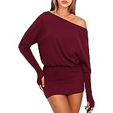 OZICERD Women Off One Shoulder Going Out Mini Dress Loose Batwing Long Sleeve Hip Wrap Bodycon Casual Dresses Black