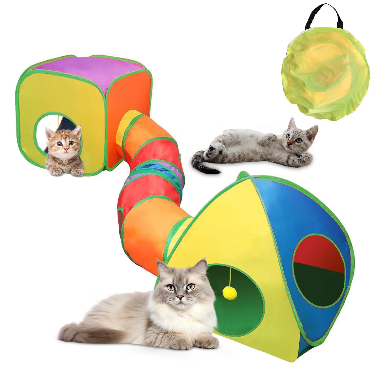 ACNCN Cat Tunnel, Pop-Up Collapsible Cat Toy for Indoor/Outdoor Play, Interactive Maze for Cats, Kittens, Puppies, Rabbits, Guinea Pigs, and Small Pets(Rainbow(3 in 1 Combination))