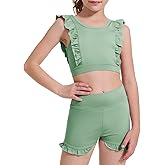CharmWM Girls 2 Piece Outfits Athletic Ruffle Short Sets Training Bra Crop Tank with High Waisted Dance Shorts 3-10Years