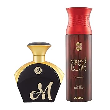Maryaj M for Her Eau De Parfum Fruity Floral Perfume 90ml for Women and Ajmal Sacred Love Deodorant Floral Musky Fragrance 200ml for Women + 2 Parfum Testers FREE