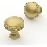 Asimerdeco 10 Pack Brushed Gold Knurled Cabinet Knobs 1-1/5 Inch(30mm) Single Hole Cabinet Pulls Round Kitchen Cabinet Knobs