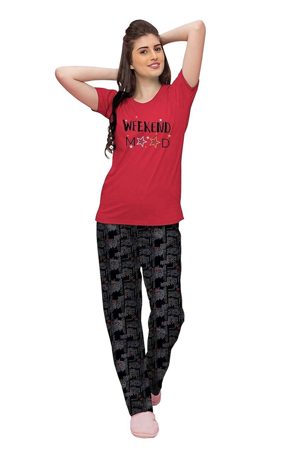 sneak peak ladies half sleeve t shirt & printed pyjama pant set