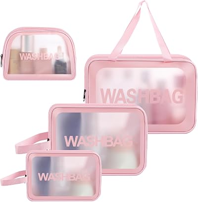 Jsdoin 4 Pcs Clear Travel Toiletry Bag Set Pink PVC Waterproof