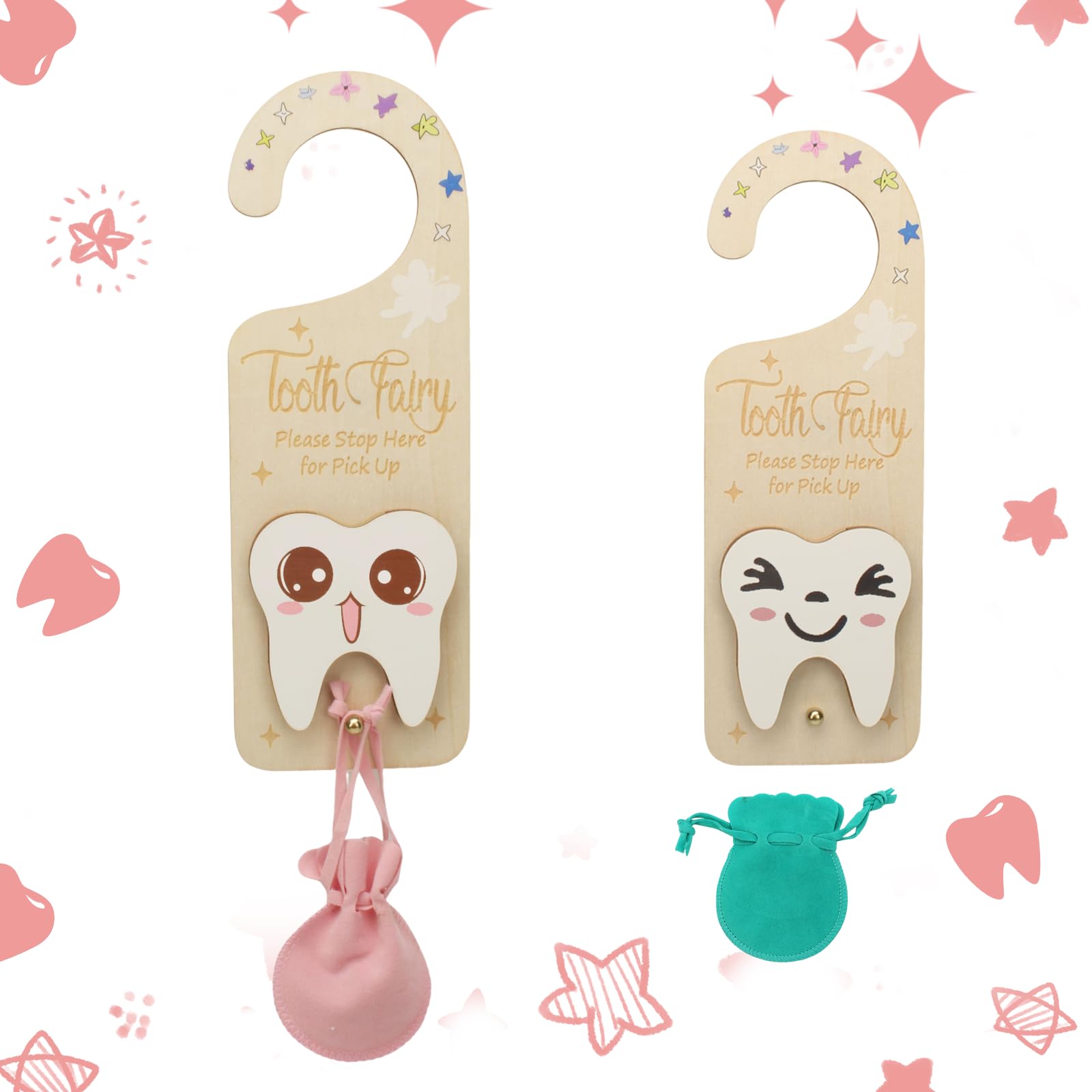 Photo 1 of 2 PCS Tooth Fairy Tooth Holder, Room Decor Tooth Fairy Door Hanger with Money Slot, Keepsake Bag & Elegant Patterns for Lost Teeth, Encourage Gift for Boys & Girls Milk Teeth