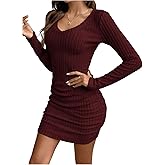 GORGLITTER Women's Long Sleeve Bodycon Sweater Dress V Neck Fall Winter Knit Crewneck Mini Pencil Dresses