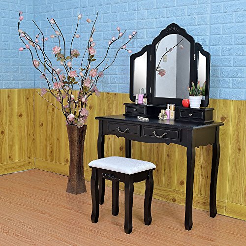 Azadx Makeup Table Set ,Tri-folding Mirror Vanity Table Set Dressing Table Organizers with Cushioned Stool Bedroom (Black-4 Drawer)