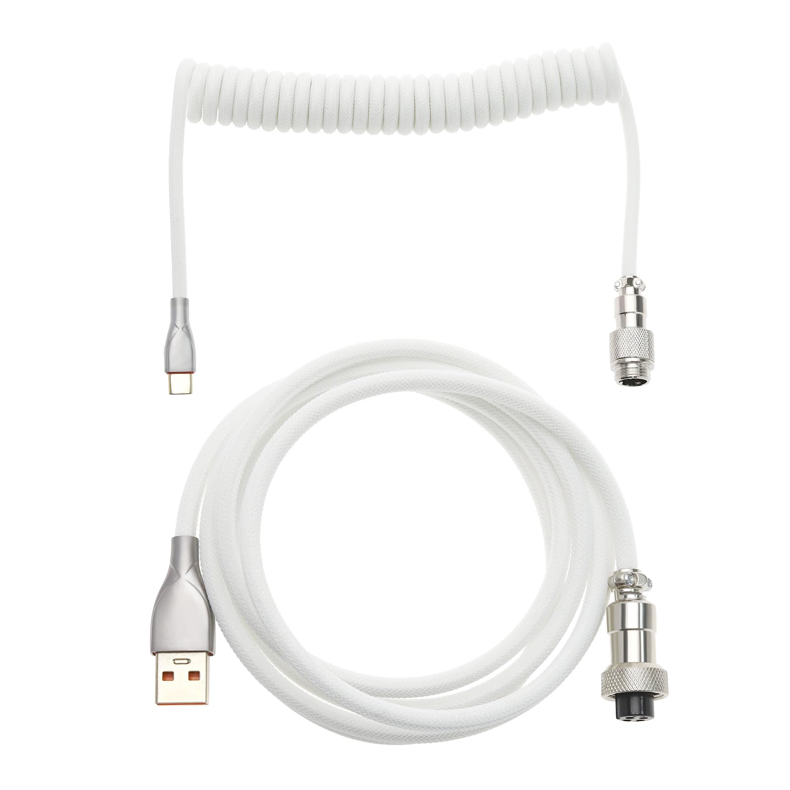Braided Mechanical Keyboard Cable USB A- USB C Cable for Gaming Keyboard, Double-Sleeved Coiled Keyboard Cable with Detachable Metal Aviator, 150cm USB-C to USB-A (White)