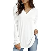 Tankaneo Womens Long Sleeve Tunic Tops V Neck Dressy Casual T-Shirts Loose Fit Curved Hem Blouse Tees