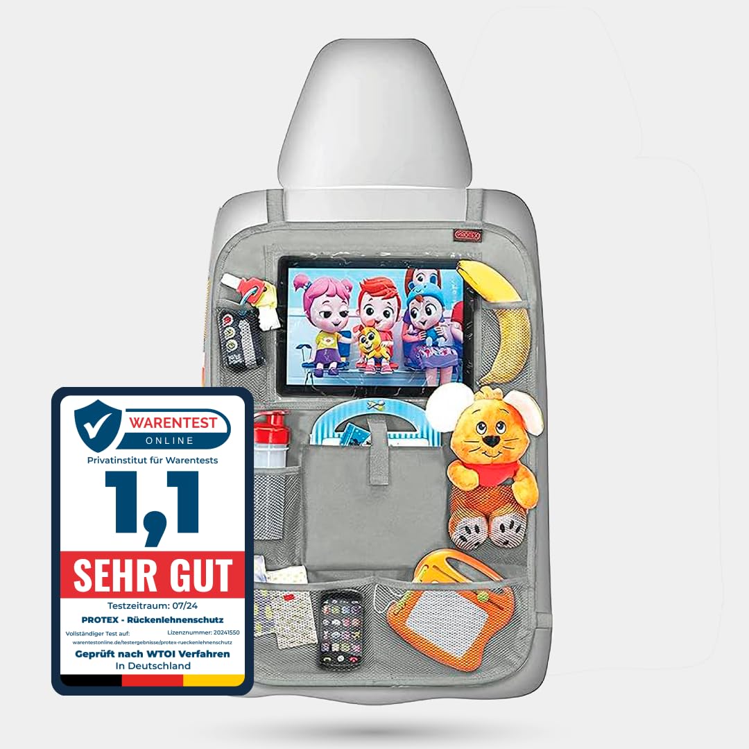 PROTEX© Backrest Protector Organiser [Test Winner 2024] 100 Days Risk-free Test - Car Back Seat Organiser with 12 Inch Tablet Compartment [Grey]