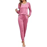 Becotal Soft Womens Pajama Set Lace Lounge Sets V-neck Cotton Pajamas 3 Piece Long Sleeve Top with Jogger Pants Loungewear Set with Pockets Cute Pjs Pink XL