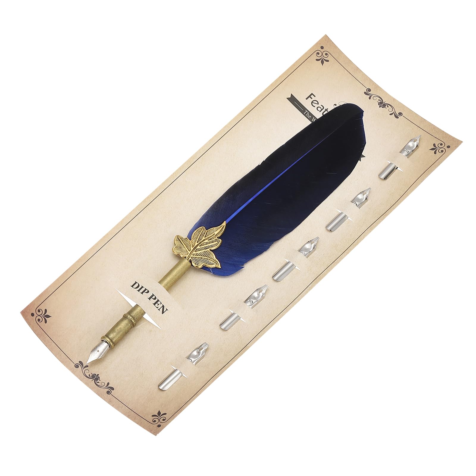 PATIKIL Feather Pen, 9.4 Inch Vintage Quill Pen Feather Dip Pen with 5 Pcs Replacement Nibs for Writing Calligraphy Wedding Signature Guest, Blue