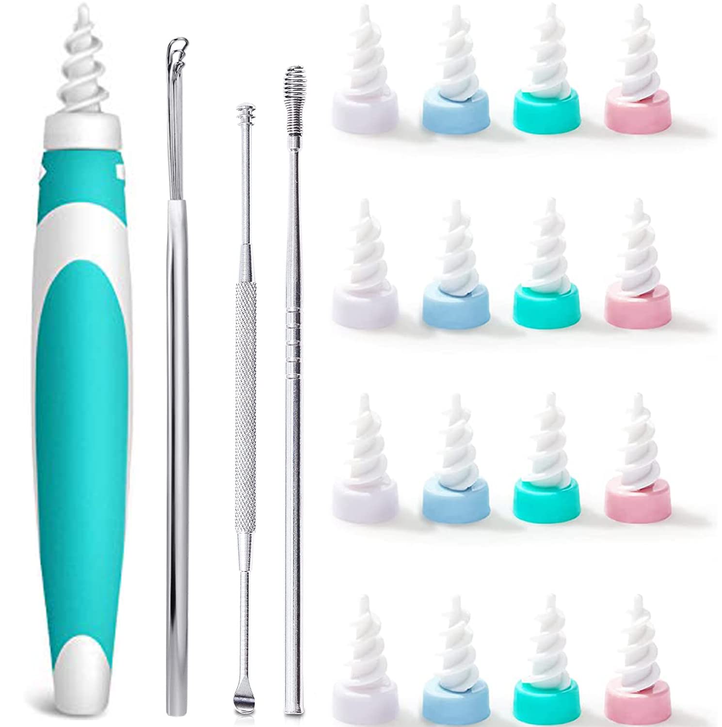 Earwax Remover, Soft Silicone Ear Cleaning Tool, Earwax Removal Tool with 16 Replacement Heads + add 4 PCS Metal Ear Picker Set, Safe and Easy to Remove Ear Wax
