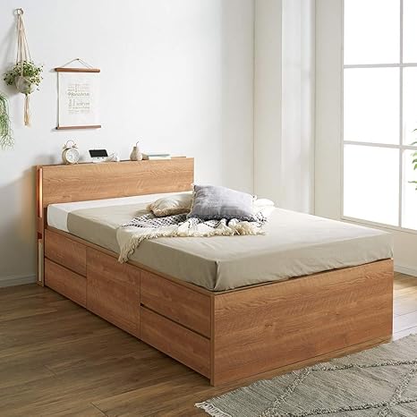 Amazon ベッド 寝具 布団 収納ベッド ダブル 北欧スタイル照明チェストベッド国産ポケットコイルマットレス付 厚さ12cm フレーム マットレスセット オンライン通販