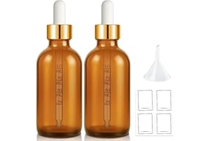 Bumobum Dropper Bottle 2 oz, 2 pack Amber Glass Eye Dropper Bottles with Golden Cap, Labels and Funnel, Tincture Bottle with Measured Cosmetic Dropper - Leakproof Essential Oils Bottles