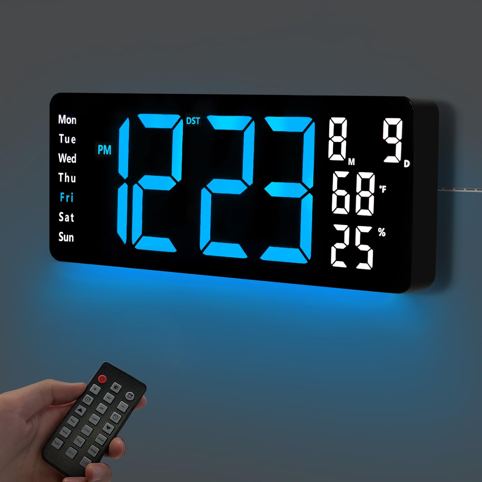 Photo 1 of 17.5” Digital Wall Clock, LED Display with Time, Date, Month, Temperature & Humidity, Remote Control DST, Alarm, Timer, 10-Level Brightness, Night Light for Home, Living Room, Bedroom & Office Décor