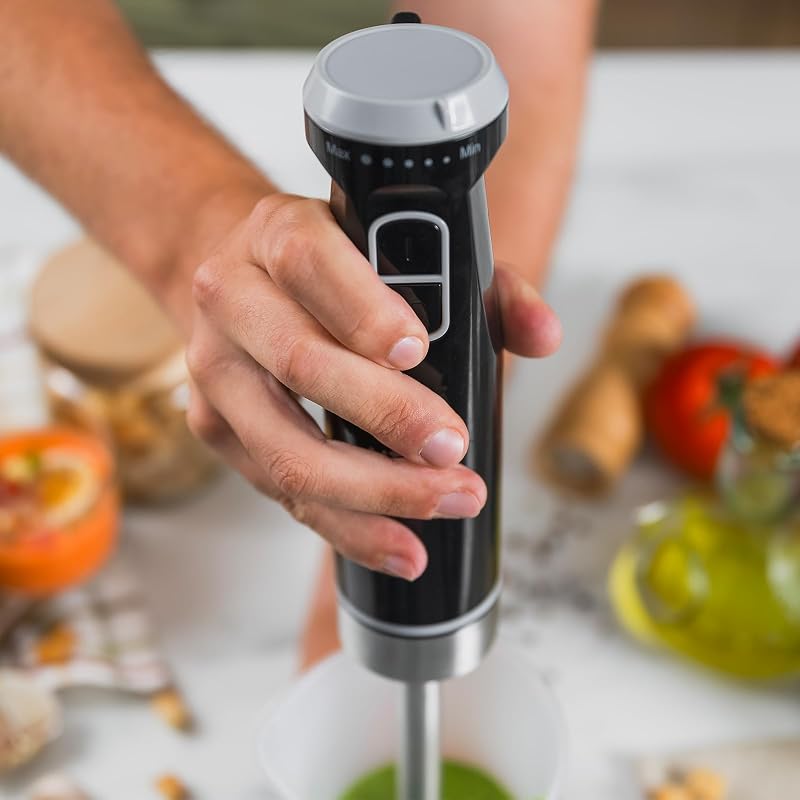 Batidora de Mano Mars 1200W, Control Velocidad Variable, Función Turbo, 4 Cuchillas de Alta Eficacia, Acero Inoxidable, Diseño Ergonómico, Antisalpicaduras, Vaso 700ml, Picadora 500ml y Batidor