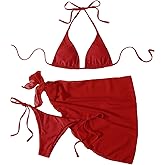 WDIRARA Women's 3 Piece Bathing Suit Triangle Bikini Swimsuit Halter with Cover Up