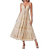 Verdusa Women's Boho Embroidery Cami Dress Sleeveless Tie Knot Ruffle Long Dresses